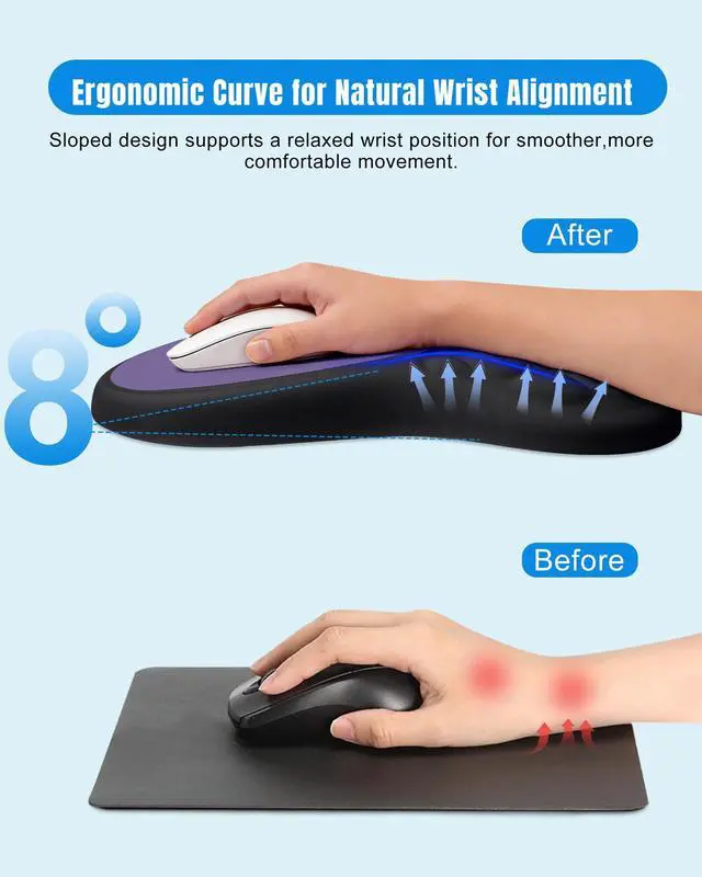 Alt view image 2 of 7 - Ergonomic Mouse Pad with Sloped Memory Foam Wrist Rest, Black&Purple 3D Textured Wrist Cushion, Smooth Lycra Surface, Non-Slip PU Base, Comfortable Support for Office/Home Computer Desks