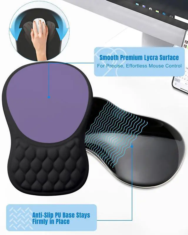 Alt view image 5 of 7 - Ergonomic Mouse Pad with Sloped Memory Foam Wrist Rest, Black&Purple 3D Textured Wrist Cushion, Smooth Lycra Surface, Non-Slip PU Base, Comfortable Support for Office/Home Computer Desks