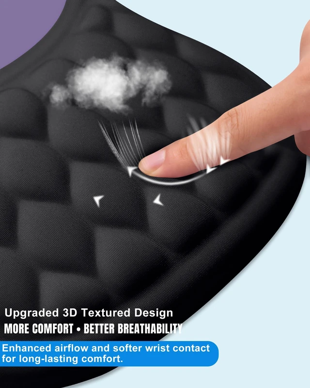 Alt view image 4 of 7 - Ergonomic Mouse Pad with Sloped Memory Foam Wrist Rest, Black&Purple 3D Textured Wrist Cushion, Smooth Lycra Surface, Non-Slip PU Base, Comfortable Support for Office/Home Computer Desks