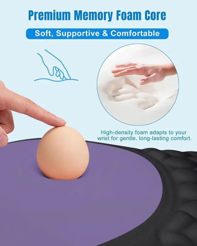 Alt view image 3 of 7 - Ergonomic Mouse Pad with Sloped Memory Foam Wrist Rest, Black&Purple 3D Textured Wrist Cushion, Smooth Lycra Surface, Non-Slip PU Base, Comfortable Support for Office/Home Computer Desks