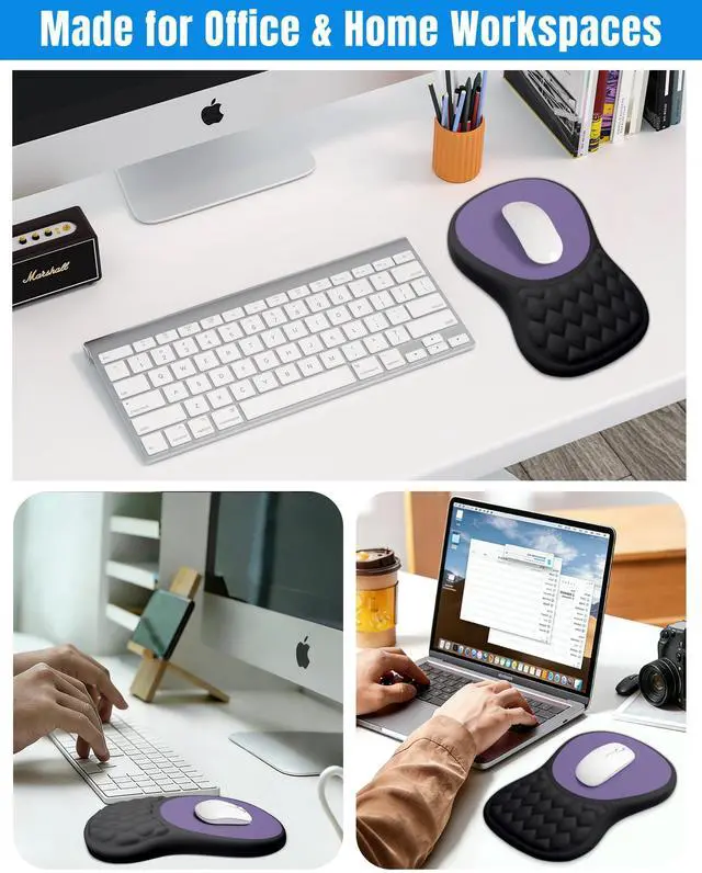 Alt view image 6 of 7 - Ergonomic Mouse Pad with Sloped Memory Foam Wrist Rest, Black&Purple 3D Textured Wrist Cushion, Smooth Lycra Surface, Non-Slip PU Base, Comfortable Support for Office/Home Computer Desks