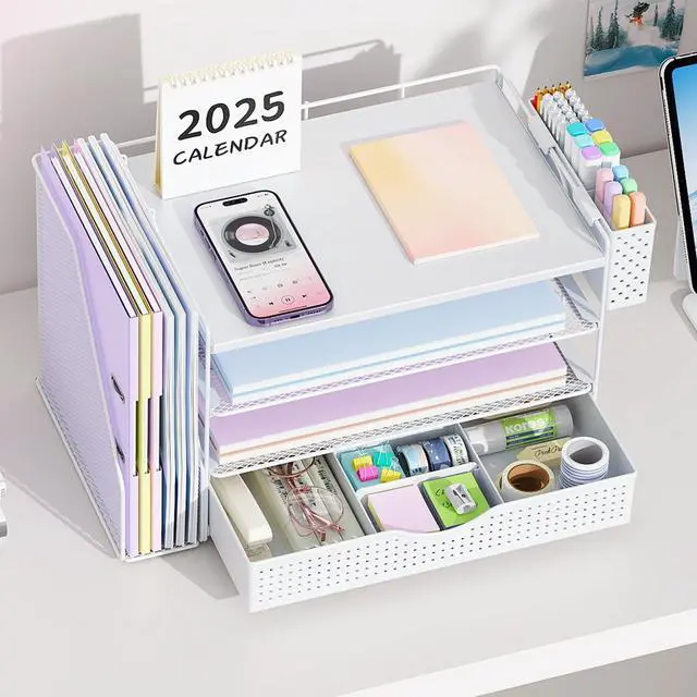 Alt view image 6 of 7 - Wood Desk Organizers and Accessories with File Holder, 4-Tier Desk Accessories & Workspace Organizers with Drawer and Pen Holder, Desk Reference Organizer (White, 4T with Drawer)