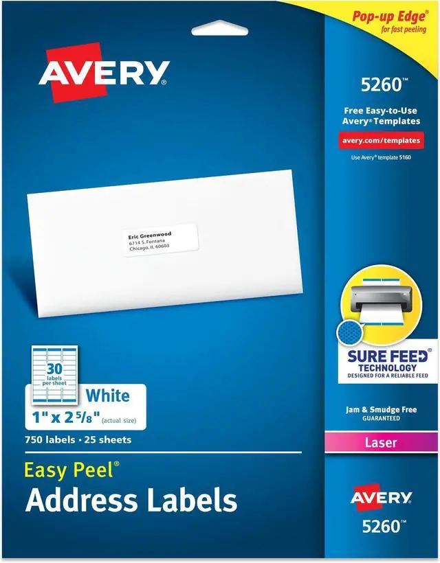 Main image of Easy Peel Printable Address Labels with Sure Feed, 1" x 2-5/8" Customizable Stickers, White, 750 Blank Mailing Labels, Great for Mailing, Shipping, and More (5260) (Pack of 5)