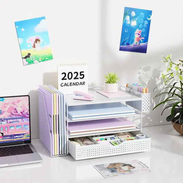 Alt view image 7 of 7 - Wood Desk Organizers and Accessories with File Holder, 4-Tier Desk Accessories & Workspace Organizers with Drawer and Pen Holder, Desk Reference Organizer (White, 4T with Drawer)