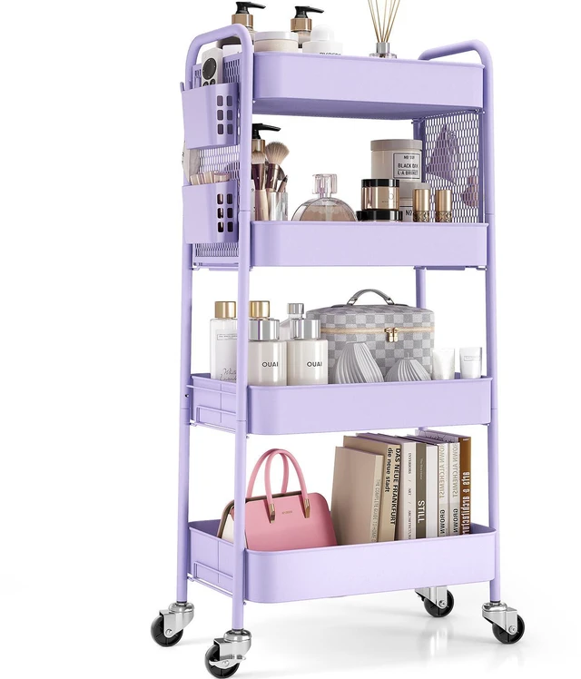 Main image of 4 Tier Rolling Cart, Metal Utility Storage Cart with Pegboard, Purple | 2 Bins & 4 Hooks, Screwless Assembly, Lockable Wheels, Trolley Organizer for Bathroom, Kitchen, Office, Dorm, Craft Room