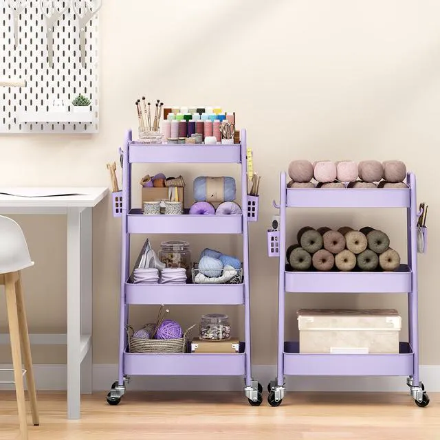 Alt view image 2 of 7 - 4 Tier Rolling Cart, Metal Utility Storage Cart with Pegboard, Purple | 2 Bins & 4 Hooks, Screwless Assembly, Lockable Wheels, Trolley Organizer for Bathroom, Kitchen, Office, Dorm, Craft Room