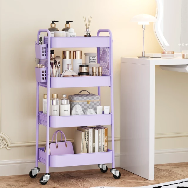 Alt view image 3 of 7 - 4 Tier Rolling Cart, Metal Utility Storage Cart with Pegboard, Purple | 2 Bins & 4 Hooks, Screwless Assembly, Lockable Wheels, Trolley Organizer for Bathroom, Kitchen, Office, Dorm, Craft Room