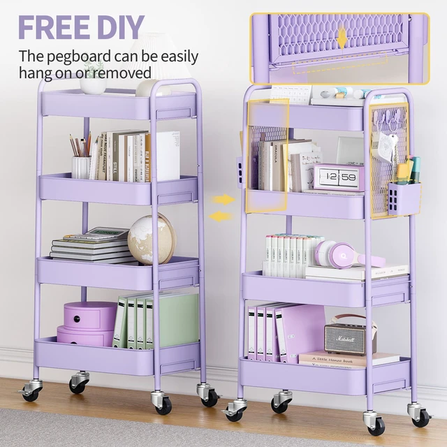 Alt view image 6 of 7 - 4 Tier Rolling Cart, Metal Utility Storage Cart with Pegboard, Purple | 2 Bins & 4 Hooks, Screwless Assembly, Lockable Wheels, Trolley Organizer for Bathroom, Kitchen, Office, Dorm, Craft Room