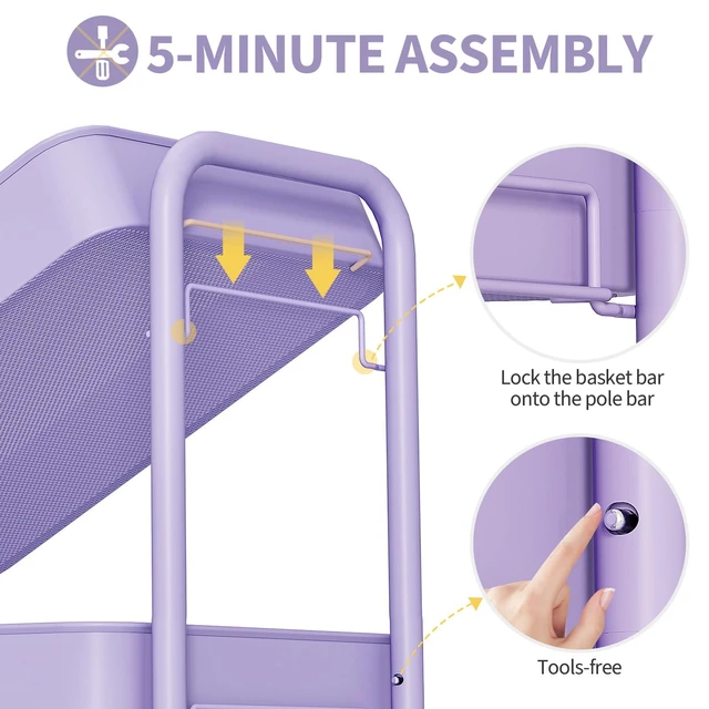 Alt view image 5 of 7 - 4 Tier Rolling Cart, Metal Utility Storage Cart with Pegboard, Purple | 2 Bins & 4 Hooks, Screwless Assembly, Lockable Wheels, Trolley Organizer for Bathroom, Kitchen, Office, Dorm, Craft Room
