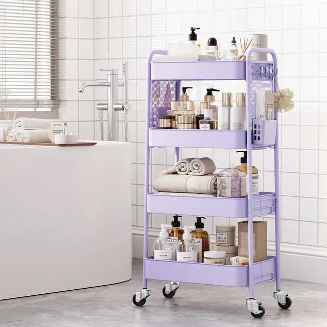 Alt view image 4 of 7 - 4 Tier Rolling Cart, Metal Utility Storage Cart with Pegboard, Purple | 2 Bins & 4 Hooks, Screwless Assembly, Lockable Wheels, Trolley Organizer for Bathroom, Kitchen, Office, Dorm, Craft Room