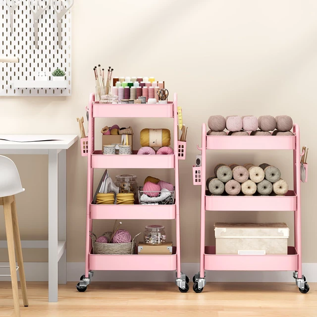 Alt view image 2 of 7 - 4 Tier Rolling Cart, Metal Utility Storage Cart with Pegboard, Pink | 2 Bins & 4 Hooks, Screwless Assembly, Lockable Wheels, Trolley Organizer for Bathroom, Kitchen, Office, Dorm, Craft Room