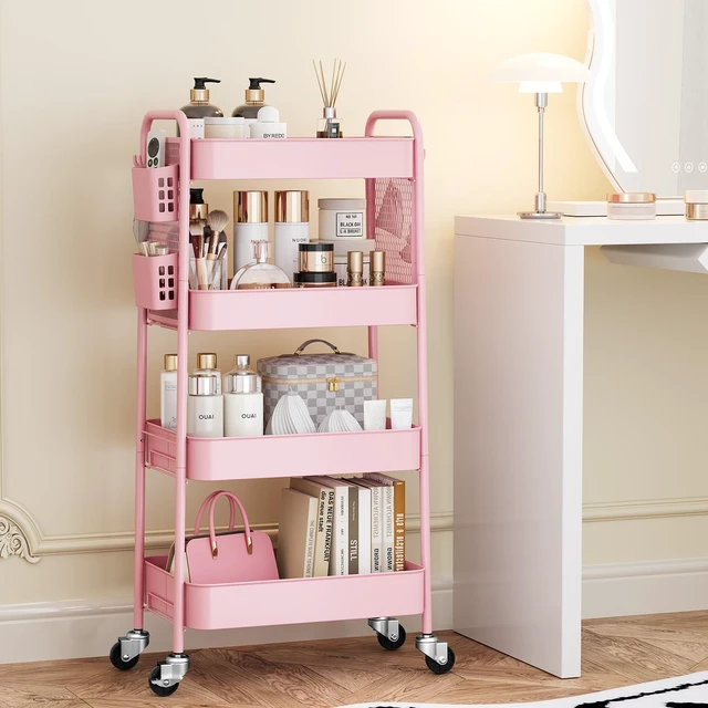 Alt view image 3 of 7 - 4 Tier Rolling Cart, Metal Utility Storage Cart with Pegboard, Pink | 2 Bins & 4 Hooks, Screwless Assembly, Lockable Wheels, Trolley Organizer for Bathroom, Kitchen, Office, Dorm, Craft Room