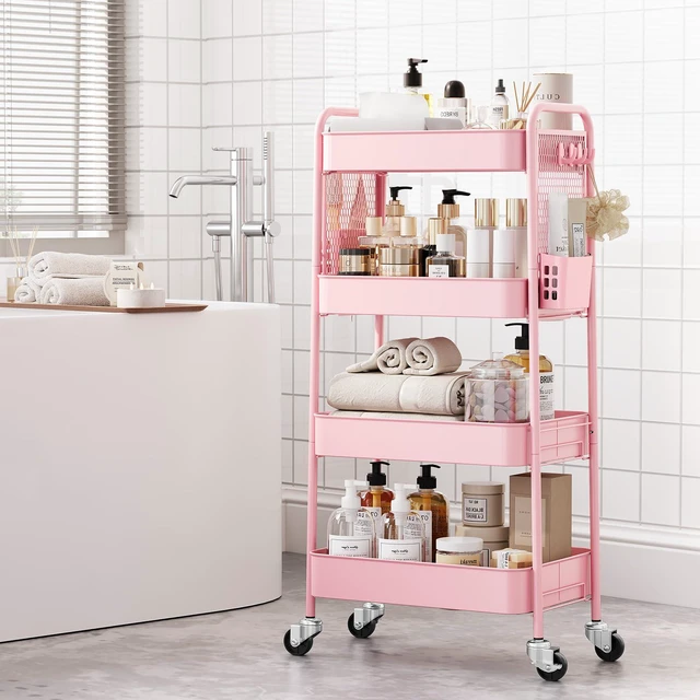 Alt view image 4 of 7 - 4 Tier Rolling Cart, Metal Utility Storage Cart with Pegboard, Pink | 2 Bins & 4 Hooks, Screwless Assembly, Lockable Wheels, Trolley Organizer for Bathroom, Kitchen, Office, Dorm, Craft Room