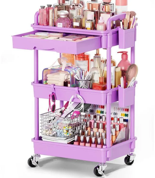 Main image of Rolling Makeup Organizer Cart with Removable Drawer, 3 Tier Purple Stable Floor Skincare Storage Cart for Vanity, Cosmetic Display, Nail Polish, Perfume, Hair Stuff, Beauty, Bathroom(Plastic)