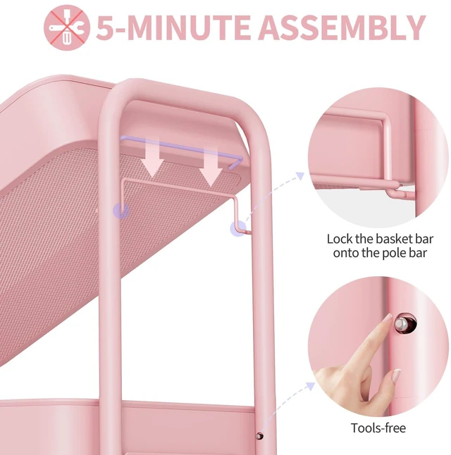 Alt view image 5 of 7 - 4 Tier Rolling Cart, Metal Utility Storage Cart with Pegboard, Pink | 2 Bins & 4 Hooks, Screwless Assembly, Lockable Wheels, Trolley Organizer for Bathroom, Kitchen, Office, Dorm, Craft Room