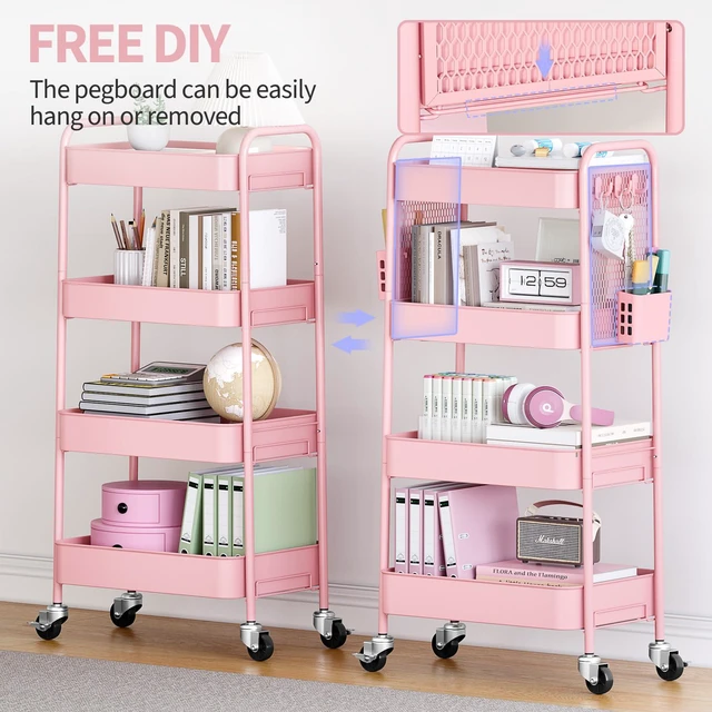 Alt view image 6 of 7 - 4 Tier Rolling Cart, Metal Utility Storage Cart with Pegboard, Pink | 2 Bins & 4 Hooks, Screwless Assembly, Lockable Wheels, Trolley Organizer for Bathroom, Kitchen, Office, Dorm, Craft Room