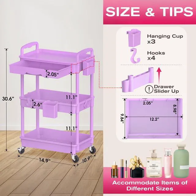 Alt view image 2 of 7 - Rolling Makeup Organizer Cart with Removable Drawer, 3 Tier Purple Stable Floor Skincare Storage Cart for Vanity, Cosmetic Display, Nail Polish, Perfume, Hair Stuff, Beauty, Bathroom(Plastic)