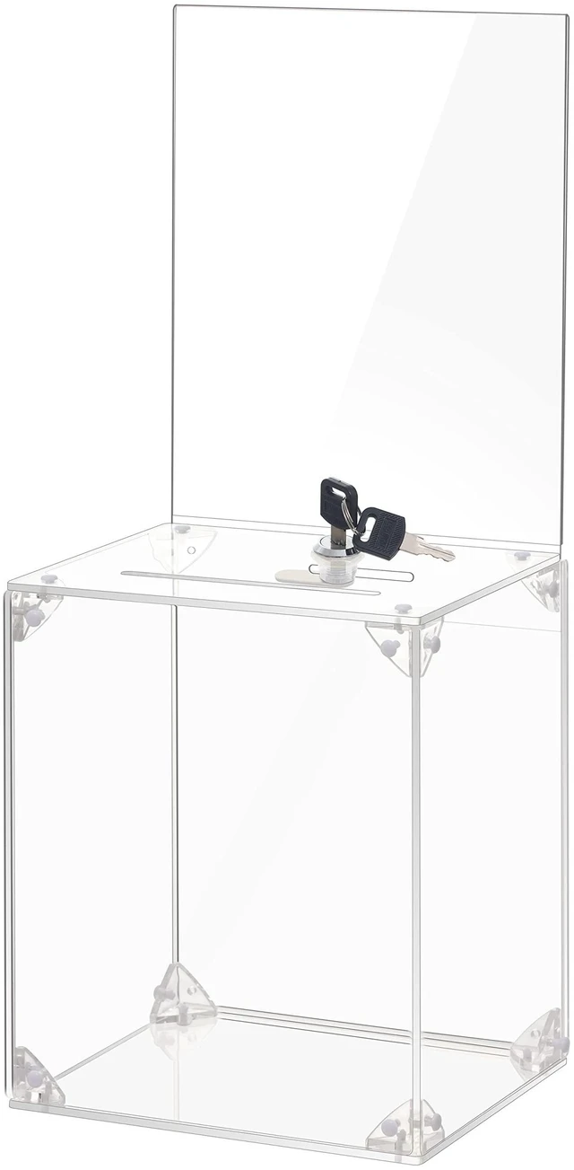 Main image of Acrylic Donation Box With Lock & Slot, Clear Raffle Box & Tip Jar Large 6x8.3" Sign Holder, 2 Keys, Cash & Raffle Tickets, Church Fundraising, School Voting & Office Suggestions, 6.7x5.23x8"