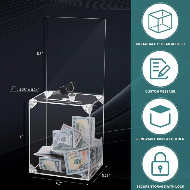 Alt view image 2 of 7 - Acrylic Donation Box With Lock & Slot, Clear Raffle Box & Tip Jar Large 6x8.3" Sign Holder, 2 Keys, Cash & Raffle Tickets, Church Fundraising, School Voting & Office Suggestions, 6.7x5.23x8"