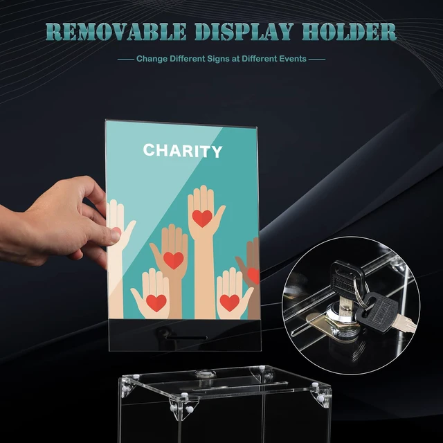 Alt view image 3 of 7 - Acrylic Donation Box With Lock & Slot, Clear Raffle Box & Tip Jar Large 6x8.3" Sign Holder, 2 Keys, Cash & Raffle Tickets, Church Fundraising, School Voting & Office Suggestions, 6.7x5.23x8"