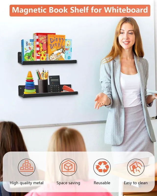 Alt view image 6 of 7 - 2-Pack Magnetic Book Shelf for Whiteboard - 17 Inch Reusable Metal Magnetic Shelves, Holds 12.5 lbs, Teacher Supplies for Classroom, Wall & Home Decor - Black