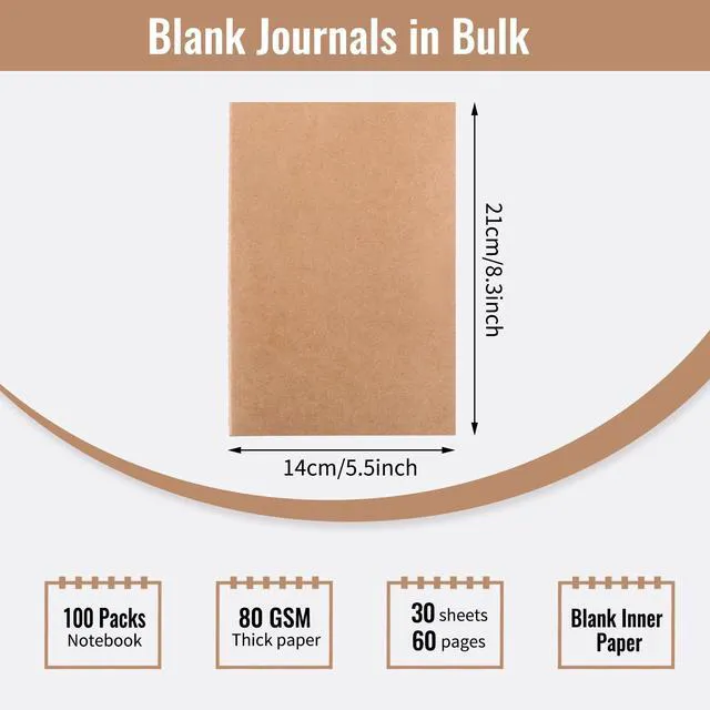 Alt view image 2 of 7 - 100pcs A5 Blank Kraft Notebooks, Journals in Bulk, Sketchbooks Bulk for Kids, 60 Pages, 80GSM, 8.3 X 5.5 Inch, Travel Journal Set, Travelers, Students and Office