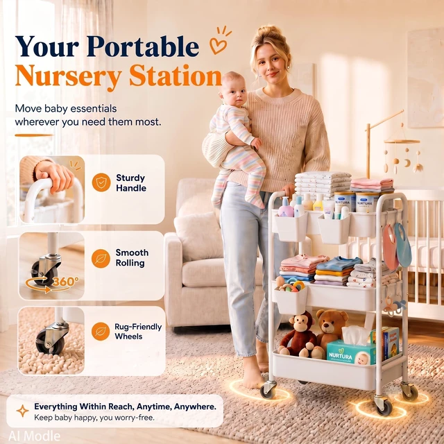 Alt view image 3 of 7 - 3 Tier Rolling Cart Metal with Wheels, White Three Tiered Carts on Wheels Utility Roller Storage Shelf Organizer for Craft, Art, Baby Nursery, Diaper Caddy, Postpartum, Cleaning, Snack,Dorm,Nail,Book