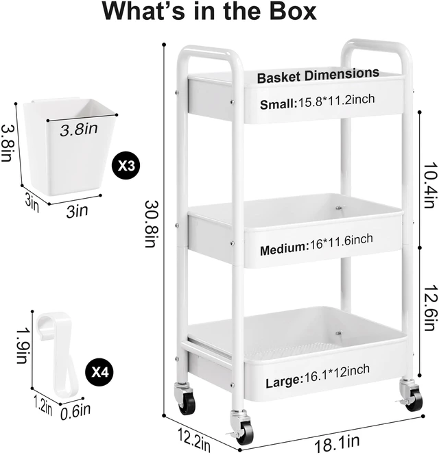 Alt view image 2 of 7 - 3 Tier Rolling Cart Metal with Wheels, White Three Tiered Carts on Wheels Utility Roller Storage Shelf Organizer for Craft, Art, Baby Nursery, Diaper Caddy, Postpartum, Cleaning, Snack,Dorm,Nail,Book