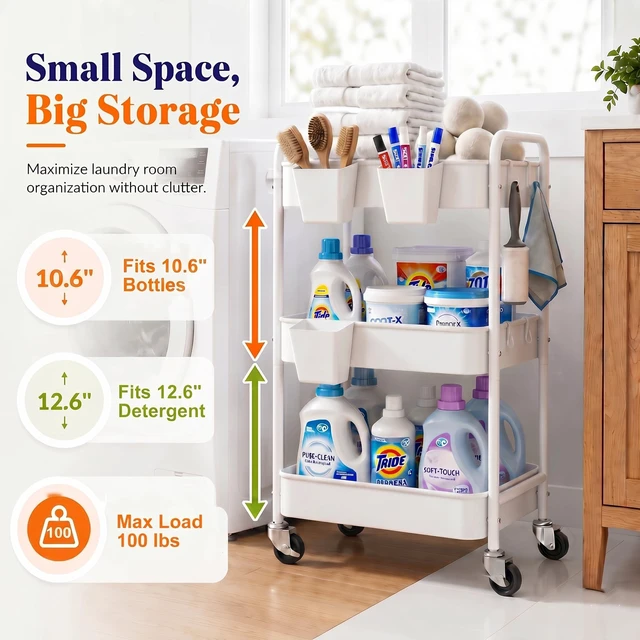 Alt view image 6 of 7 - 3 Tier Rolling Cart Metal with Wheels, White Three Tiered Carts on Wheels Utility Roller Storage Shelf Organizer for Craft, Art, Baby Nursery, Diaper Caddy, Postpartum, Cleaning, Snack,Dorm,Nail,Book