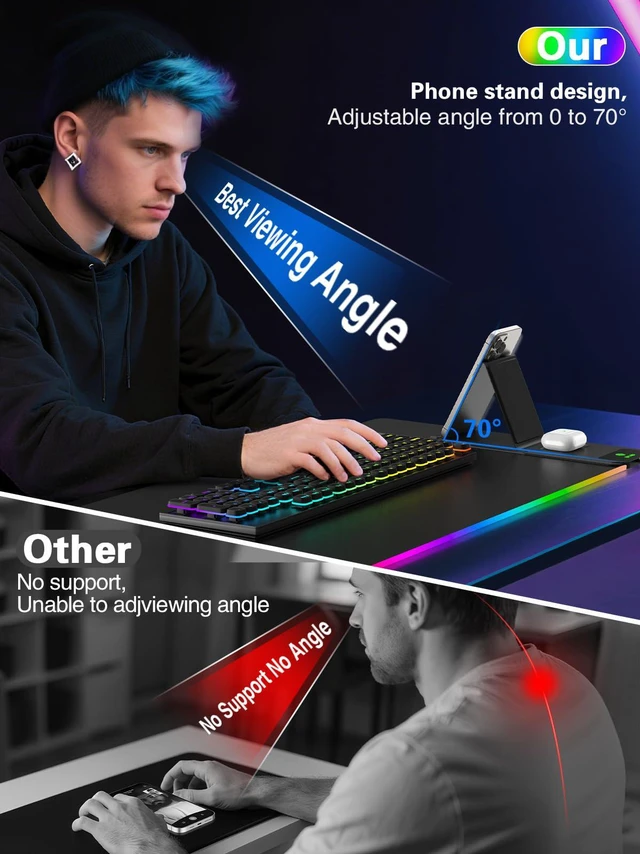 Alt view image 2 of 7 - Mouse Pad with Foldable Phone Holder & Wireless Charger, XXL RGB Gaming Mousepad 31.5"x15.8" Large Desk Mat for Keyboard, Black Desk Pad with Dual Qi Charging Station | 11 Colors 5 Modes | Waterproof
