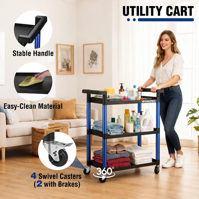 Alt view image 2 of 6 - 3-Tier Service Utility Cart, 400LBS Plastic Rolling Cart with Handles & Lockable Wheels, Heavy Duty Storage Cart for Restaurant, Kitchen, Office, Garage, Warehouse