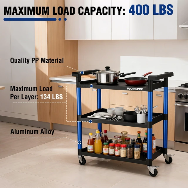 Alt view image 3 of 6 - 3-Tier Service Utility Cart, 400LBS Plastic Rolling Cart with Handles & Lockable Wheels, Heavy Duty Storage Cart for Restaurant, Kitchen, Office, Garage, Warehouse