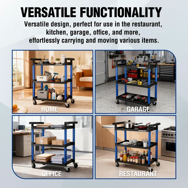 Alt view image 5 of 6 - 3-Tier Service Utility Cart, 400LBS Plastic Rolling Cart with Handles & Lockable Wheels, Heavy Duty Storage Cart for Restaurant, Kitchen, Office, Garage, Warehouse