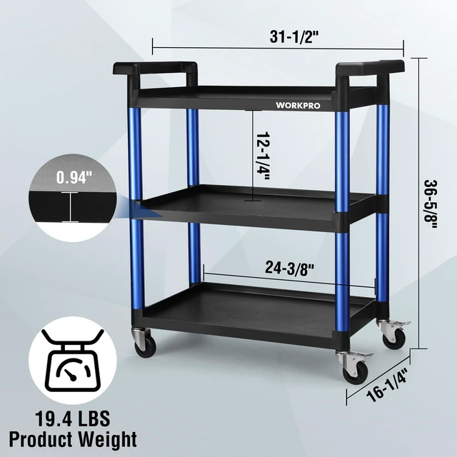 Alt view image 4 of 6 - 3-Tier Service Utility Cart, 400LBS Plastic Rolling Cart with Handles & Lockable Wheels, Heavy Duty Storage Cart for Restaurant, Kitchen, Office, Garage, Warehouse
