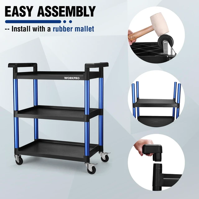 Alt view image 6 of 6 - 3-Tier Service Utility Cart, 400LBS Plastic Rolling Cart with Handles & Lockable Wheels, Heavy Duty Storage Cart for Restaurant, Kitchen, Office, Garage, Warehouse