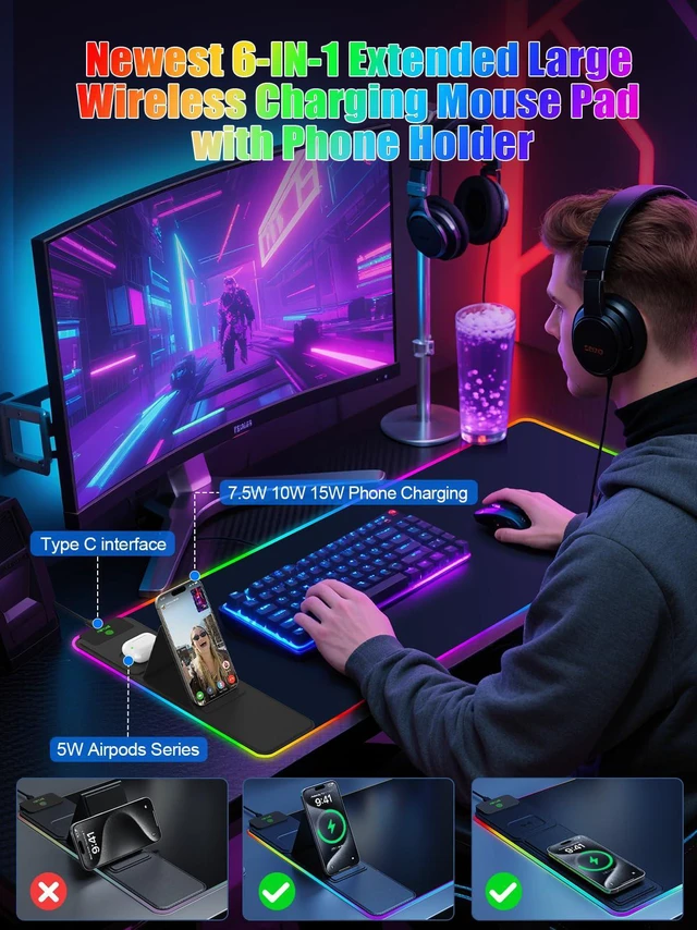 Alt view image 3 of 7 - Mouse Pad with Foldable Phone Holder & Wireless Charger, XXL RGB Gaming Mousepad 31.5"x15.8" Large Desk Mat for Keyboard, Black Desk Pad with Dual Qi Charging Station | 11 Colors 5 Modes | Waterproof