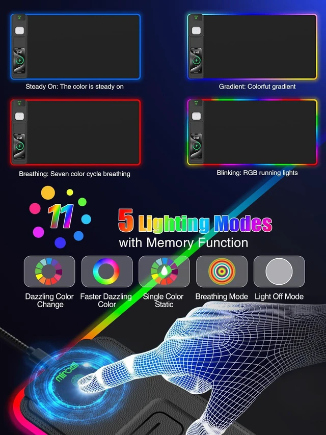 Alt view image 5 of 7 - Mouse Pad with Foldable Phone Holder & Wireless Charger, XXL RGB Gaming Mousepad 31.5"x15.8" Large Desk Mat for Keyboard, Black Desk Pad with Dual Qi Charging Station | 11 Colors 5 Modes | Waterproof