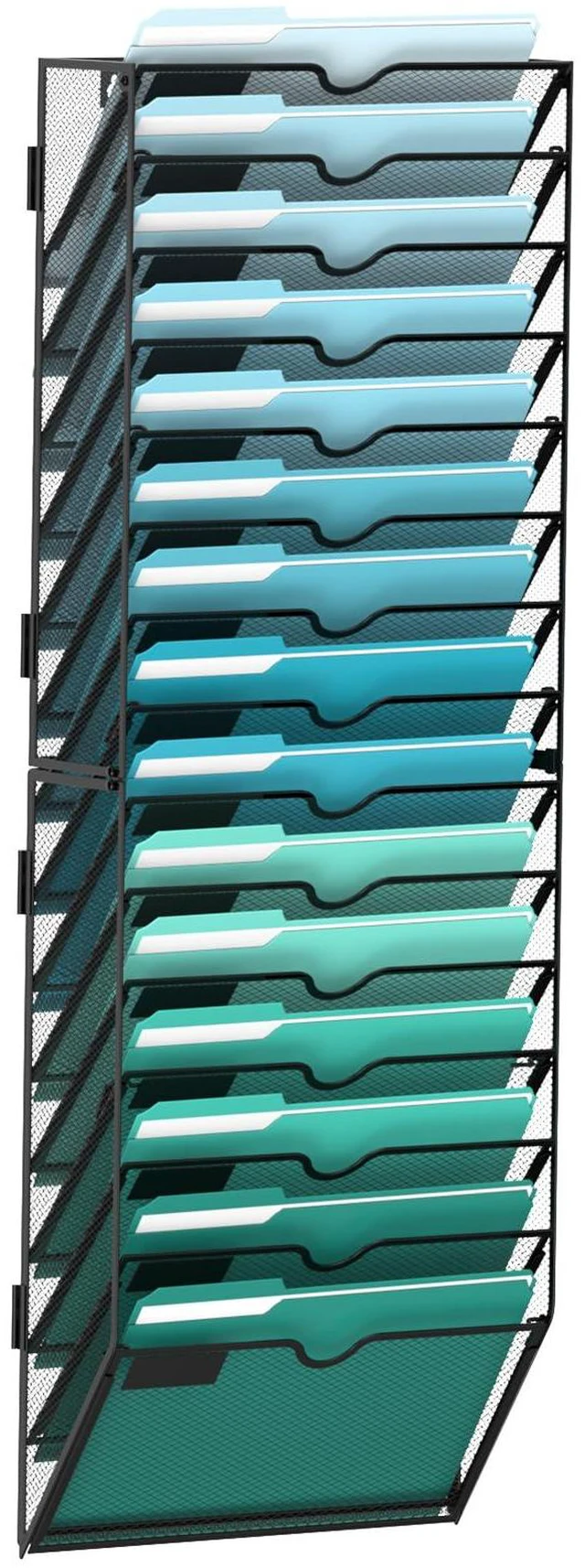 Main image of 15-Tier Wall File Organizer, Hanging File Holder, Wall Mounted Mail Sorter Metal Mesh Hanging File Organizer with Open Compartments and Label Panels for Papers and Folders at Home, Office or School