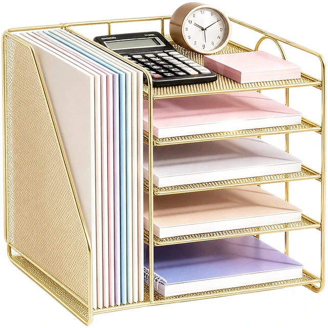 Main image of Desk Organizer, 5-Tier Paper Organizer Letter Tray, Gold Desk Organizers and Accessories, Office Desk Accessories & Workspace Organizers, Desktop File Organizer for Office Supplies