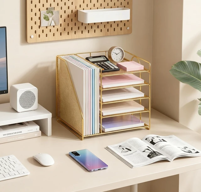 Alt view image 2 of 7 - Desk Organizer, 5-Tier Paper Organizer Letter Tray, Gold Desk Organizers and Accessories, Office Desk Accessories & Workspace Organizers, Desktop File Organizer for Office Supplies