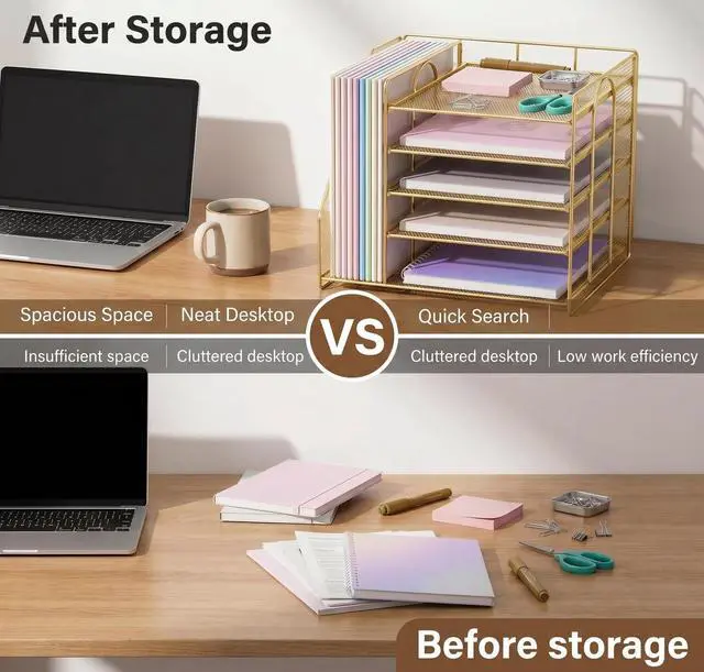 Alt view image 3 of 7 - Desk Organizer, 5-Tier Paper Organizer Letter Tray, Gold Desk Organizers and Accessories, Office Desk Accessories & Workspace Organizers, Desktop File Organizer for Office Supplies