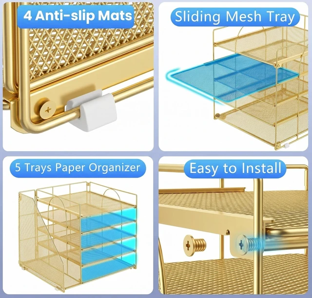 Alt view image 5 of 7 - Desk Organizer, 5-Tier Paper Organizer Letter Tray, Gold Desk Organizers and Accessories, Office Desk Accessories & Workspace Organizers, Desktop File Organizer for Office Supplies