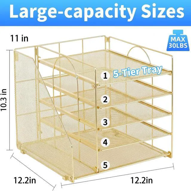 Alt view image 6 of 7 - Desk Organizer, 5-Tier Paper Organizer Letter Tray, Gold Desk Organizers and Accessories, Office Desk Accessories & Workspace Organizers, Desktop File Organizer for Office Supplies