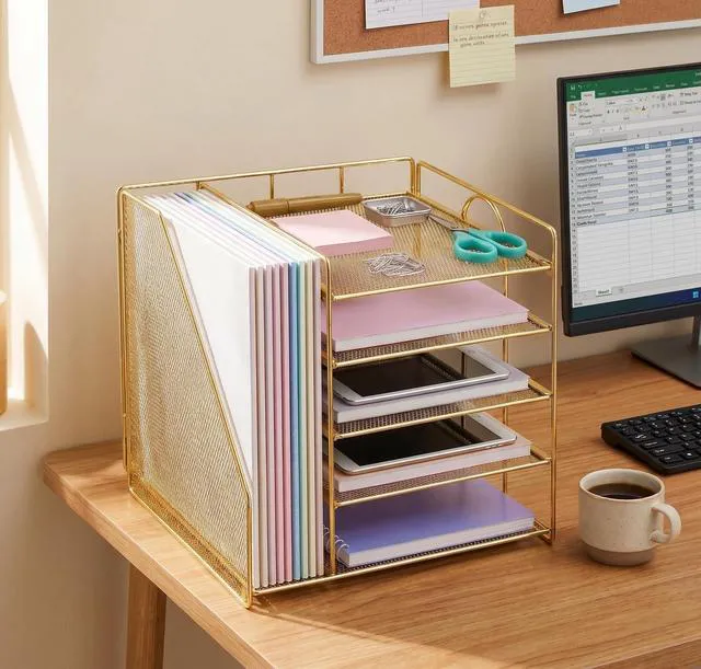 Alt view image 7 of 7 - Desk Organizer, 5-Tier Paper Organizer Letter Tray, Gold Desk Organizers and Accessories, Office Desk Accessories & Workspace Organizers, Desktop File Organizer for Office Supplies