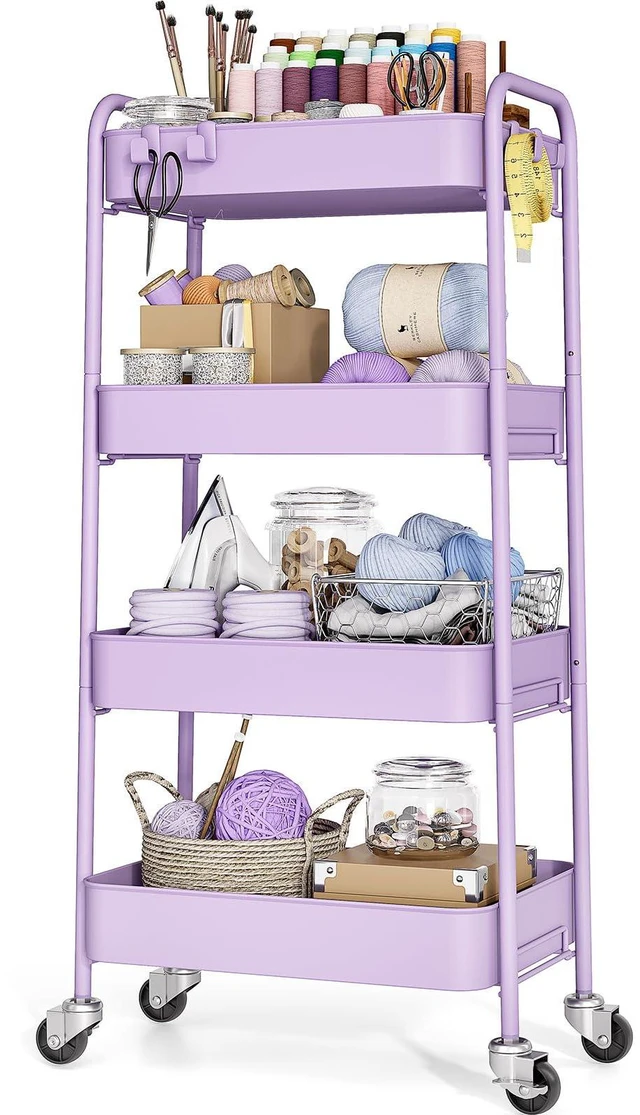 Main image of 4 Tier Metal Rolling Cart, Utility Storage Cart with Wheels, Purple | Screwless Assembly, Lockable Metal Wheels, Trolley Organizer for Bathroom, Kitchen, Office, Dorm, Laundry, Craft Room