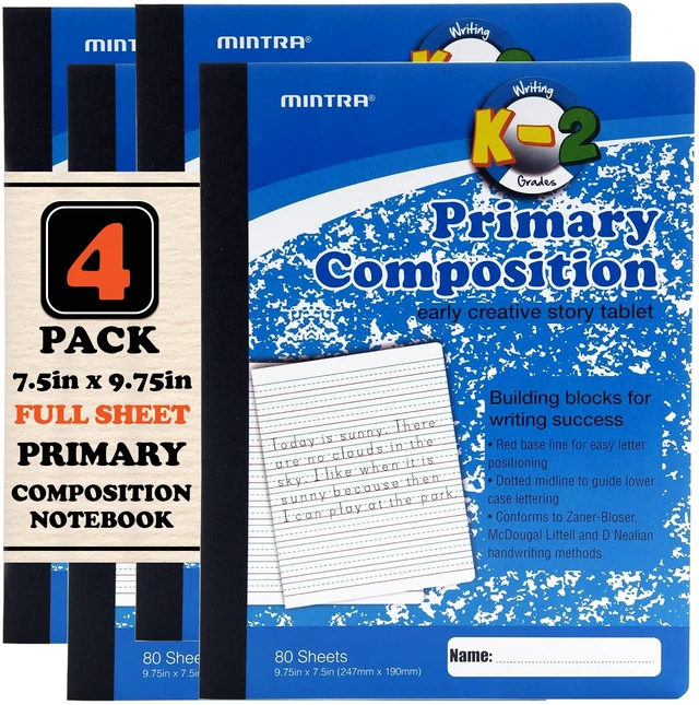 Main image of Primary Composition Notebook, 4 Pack, Blue Cover, 80 Sheets, 7.5in x 9.75in, Full Sheet, Ruled with Drawing Area, Flexible Hardcover Journal, Grades K-2, School & Home Use