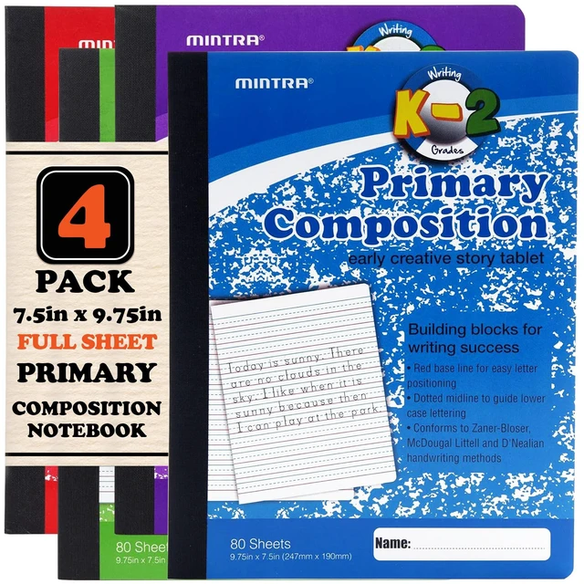 Main image of Primary Composition Notebook, 4 Pack, Assorted Colors 80 Sheets, 7.5in x 9.75in, Full Sheet, Ruled with Drawing Area, Flexible Hardcover Journal, Grade K-2, School & Home Use