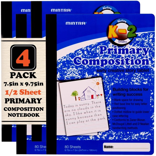 Main image of Primary Composition Notebook, 4 Pack, Blue Cover, 80 Sheets, 7.5in x 9.75in, 1/2 Sheet, Ruled with Drawing Area, Flexible Hardcover Journal, Grades K-2, School & Home Use