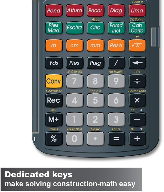 Alt view image 3 of 7 - 4054 Construction Master 5 Calculator en Español, Feet-Inch-Fraction, For Carpenters, Construction Calculator with all Spanish labeling