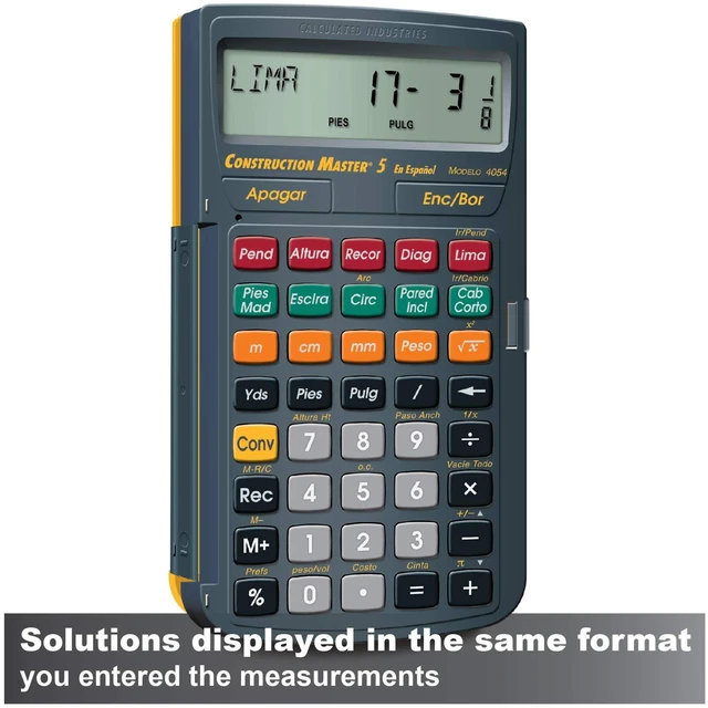 Alt view image 4 of 7 - 4054 Construction Master 5 Calculator en Español, Feet-Inch-Fraction, For Carpenters, Construction Calculator with all Spanish labeling
